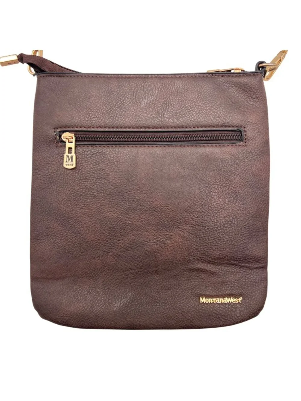 Montana West Brown Faux Leather Crossbody Bag Gold Accents Zippered Compartments - Picture 2 of 14